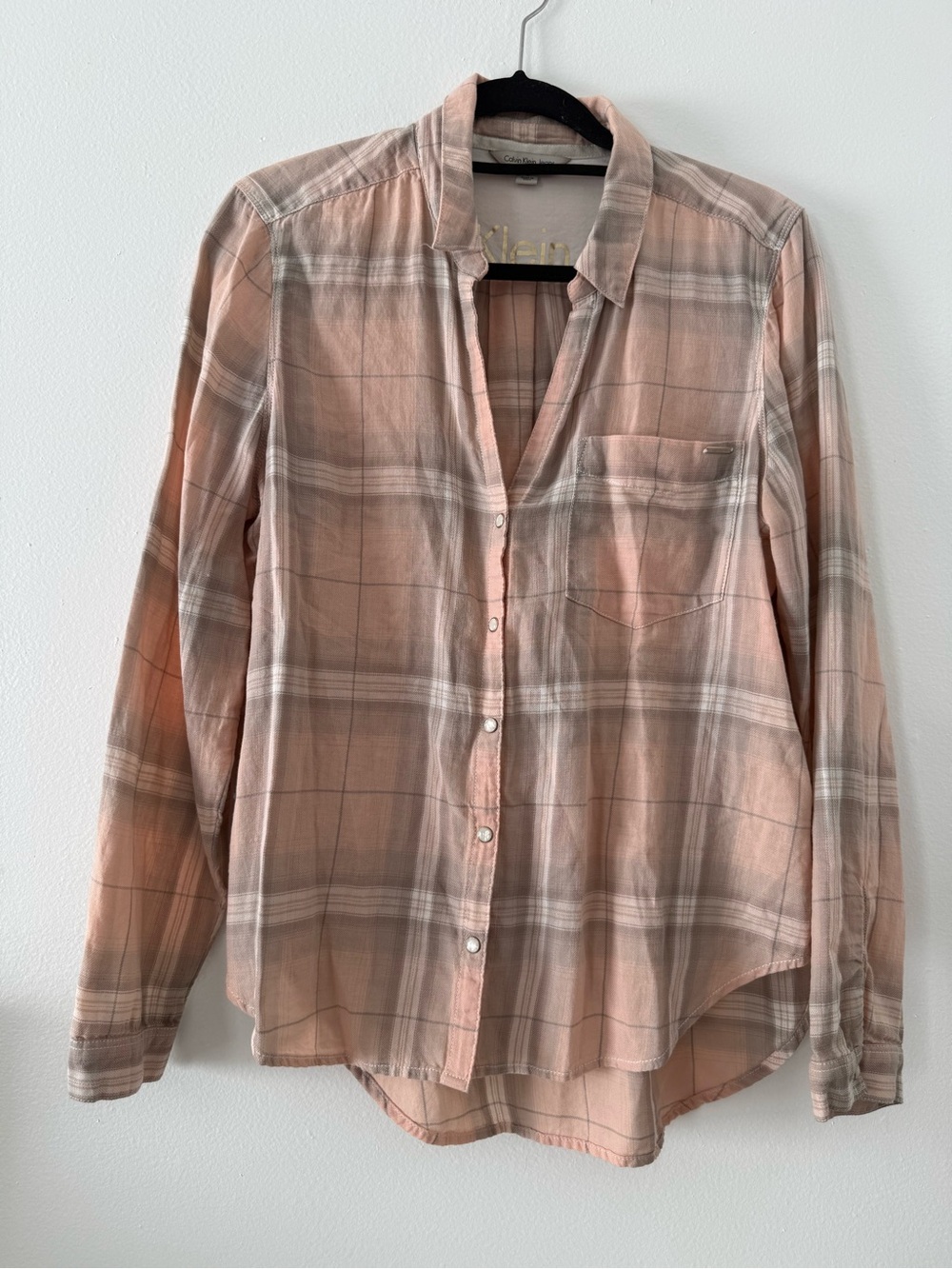 Calvin Klein Jeans Peach and Gray Plaid Button-Up Shirt